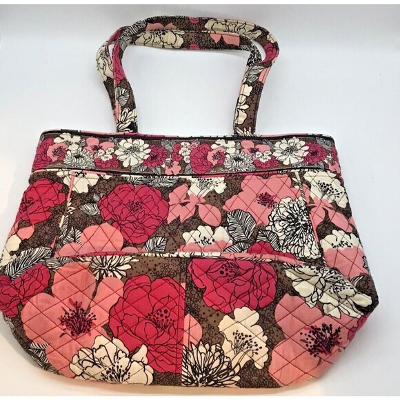 Vera Bradley Mocha Rouge Large Pink Floral Tote Quilted  Cotton Shoulder Bag - Picture 3 of 11